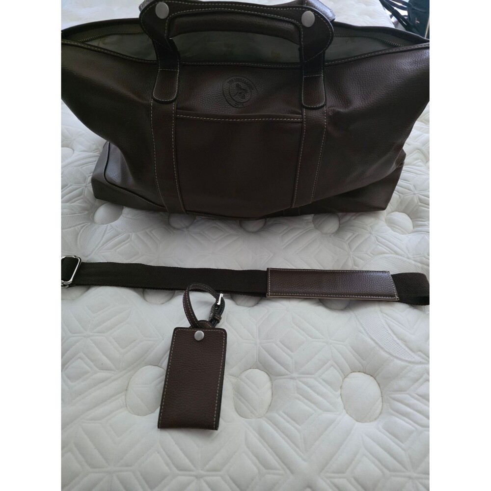 Dark Brown Leather Travel Weekender Bag with Removable Strap and Luggage Tag